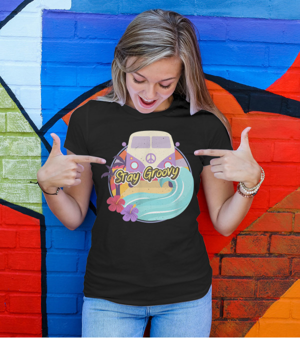 Stay Groovy Vintage Hippie Bus With Peace Symbol And Tropical Surf Vibes T-Shirt