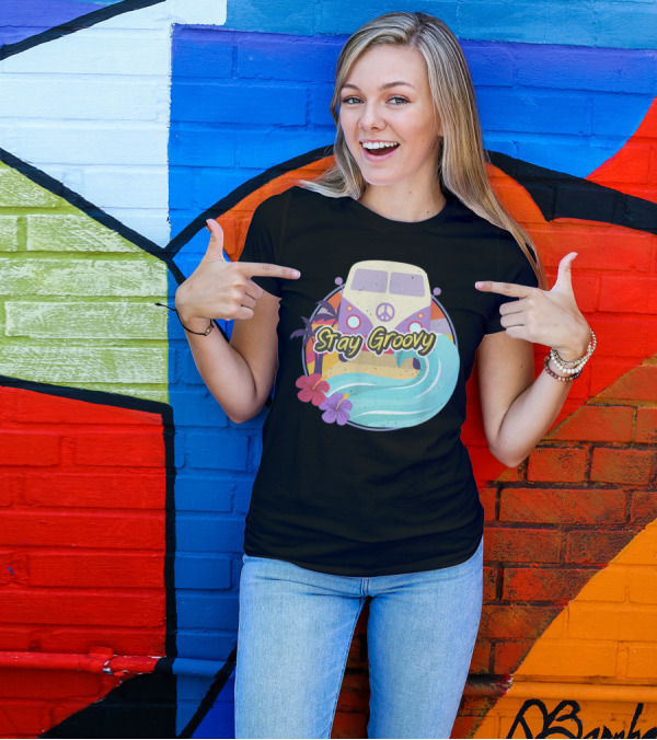 Stay Groovy Vintage Hippie Bus With Peace Symbol And Tropical Surf Vibes T-Shirt