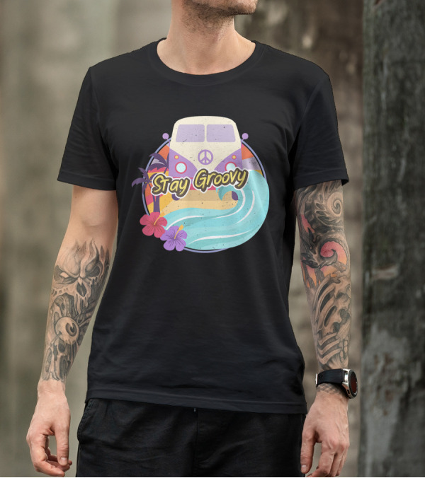 Stay Groovy Vintage Hippie Bus With Peace Symbol And Tropical Surf Vibes T-Shirt