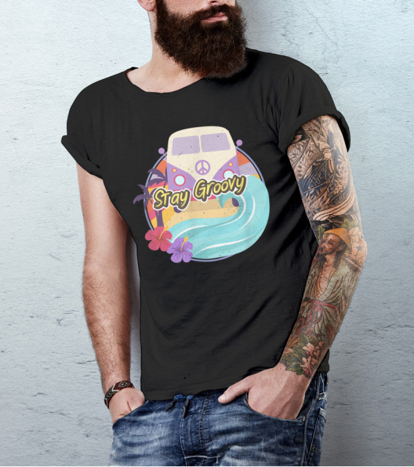 Stay Groovy Vintage Hippie Bus With Peace Symbol And Tropical Surf Vibes T-Shirt