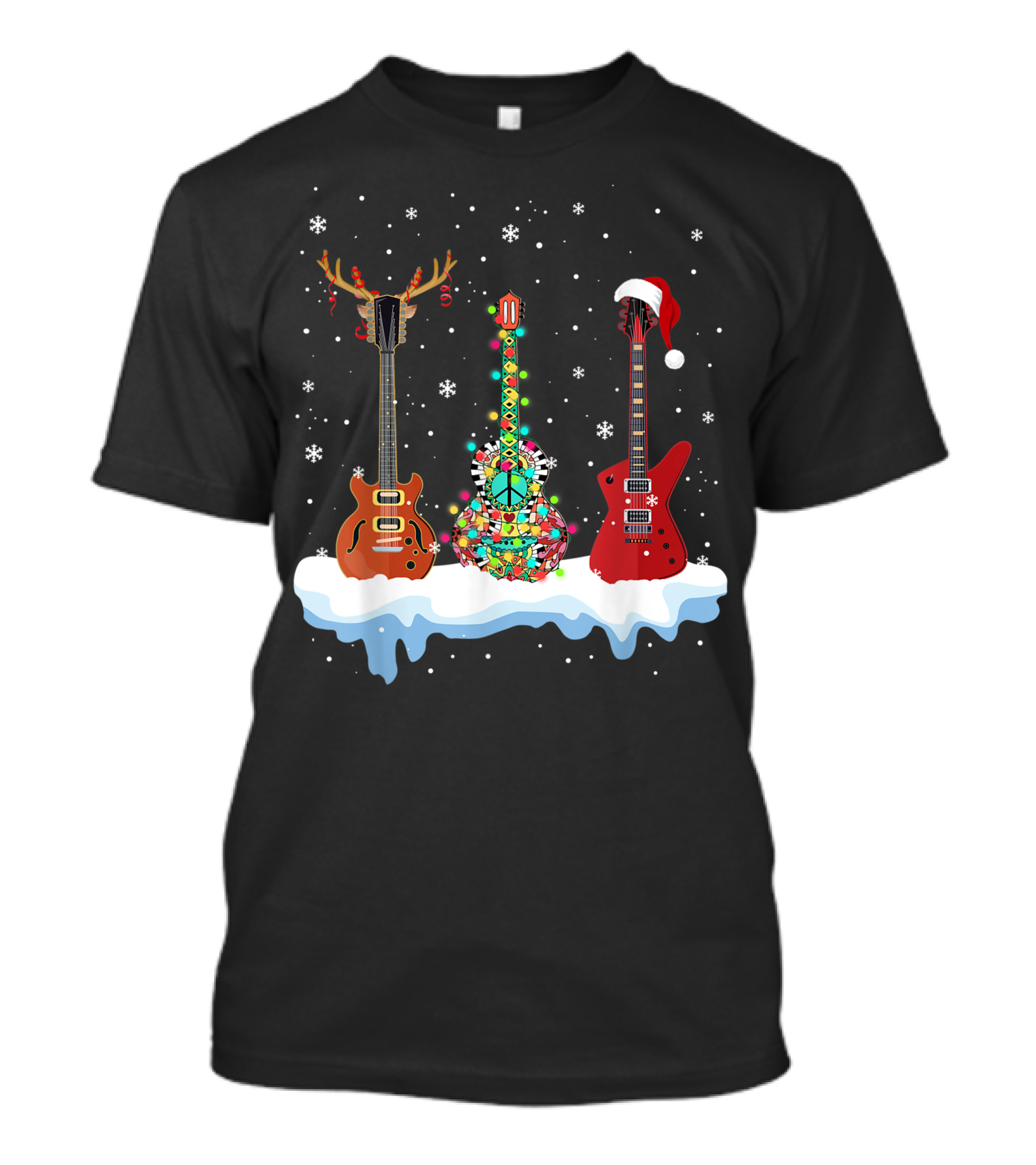 Bass Guitar Santa Hat Reindeer Hippie Lover Peace Symbol Snowflakes T-Shirt