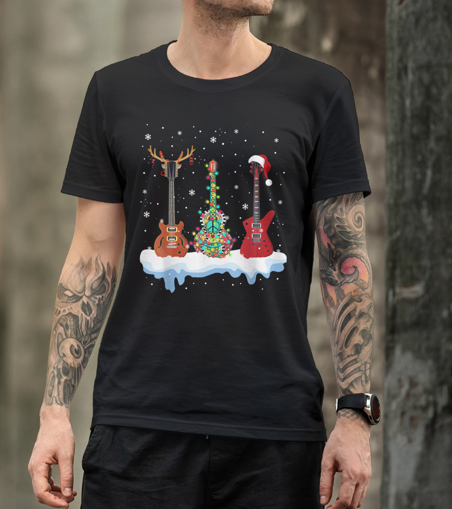 Bass Guitar Santa Hat Reindeer Hippie Lover Peace Symbol Snowflakes T-Shirt