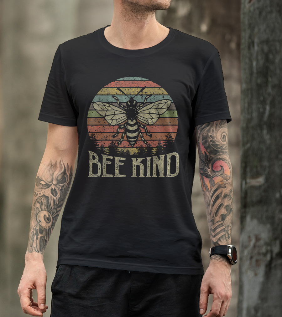 Bee Kind Vintage Sunset Retro Stripes Bee With Forest T-Shirt