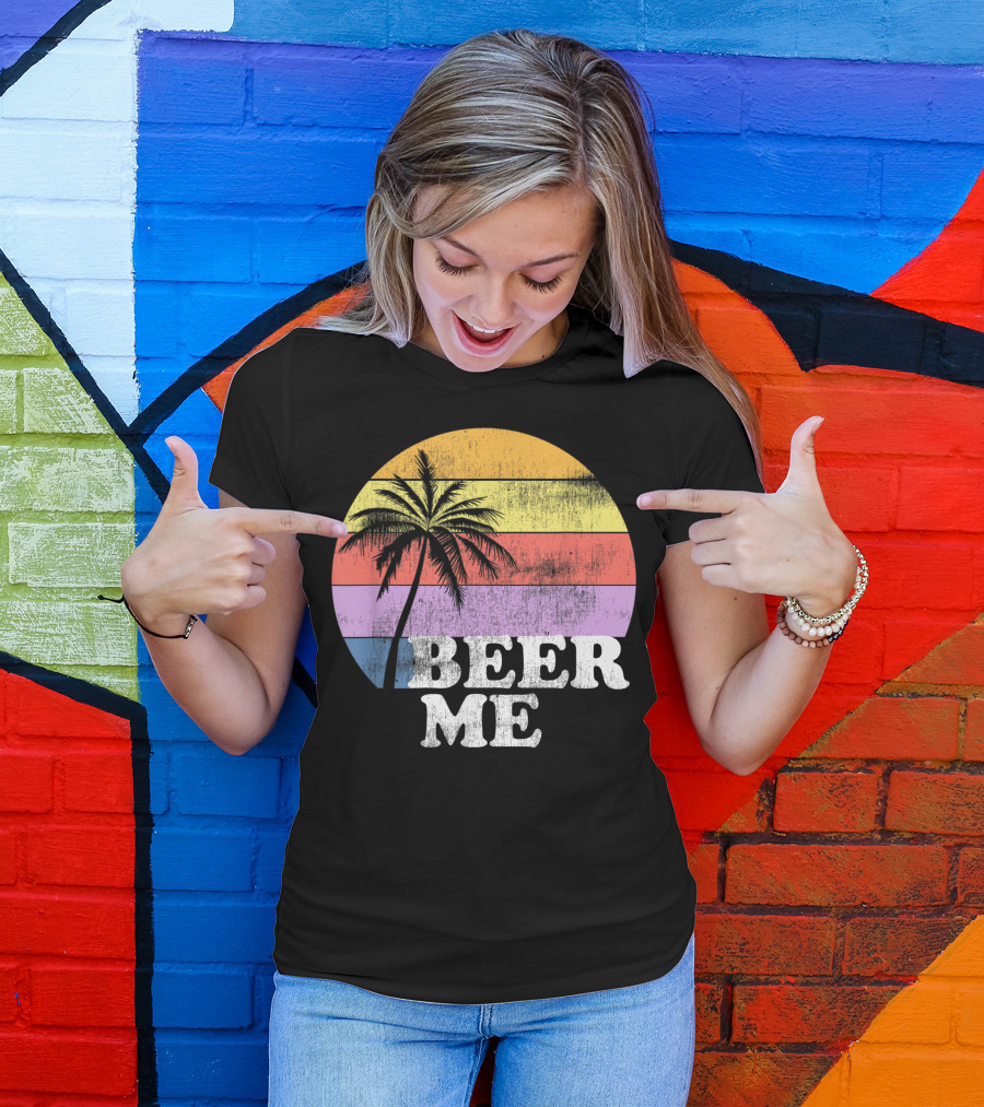 Beer Me Vintage Style Palm Tree Sunset Beer Lovers T-Shirt