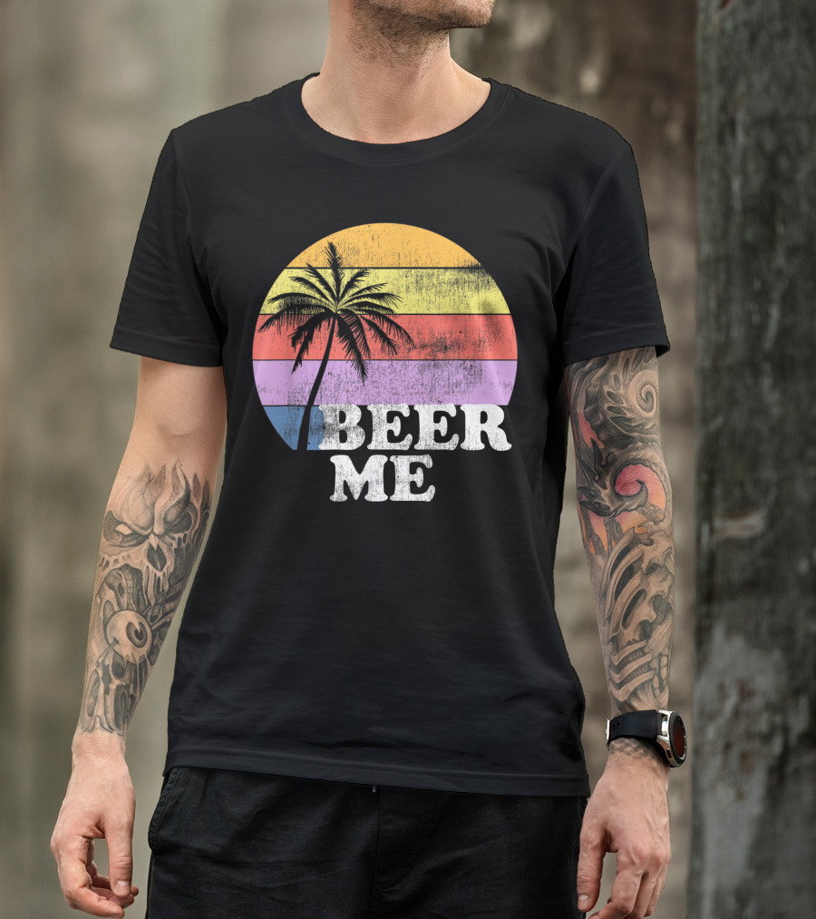Beer Me Vintage Style Palm Tree Sunset Beer Lovers T-Shirt