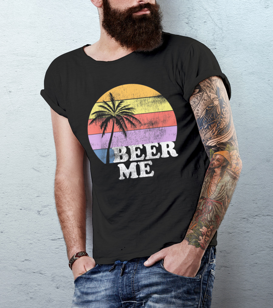 Beer Me Vintage Style Palm Tree Sunset Beer Lovers T-Shirt