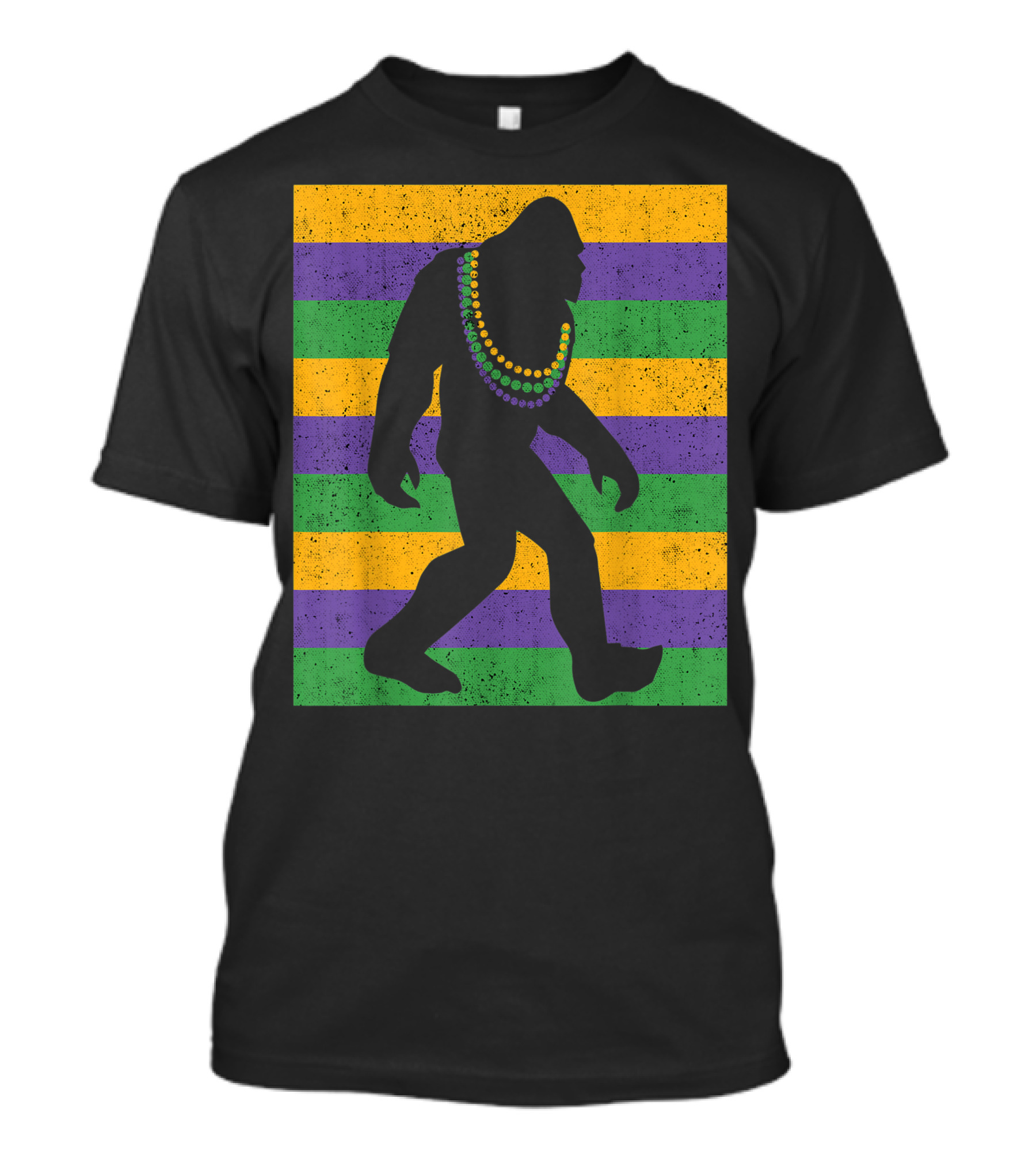 Bigfoot Mardi Gras Sasquatch With Beads And Stripes T-Shirt