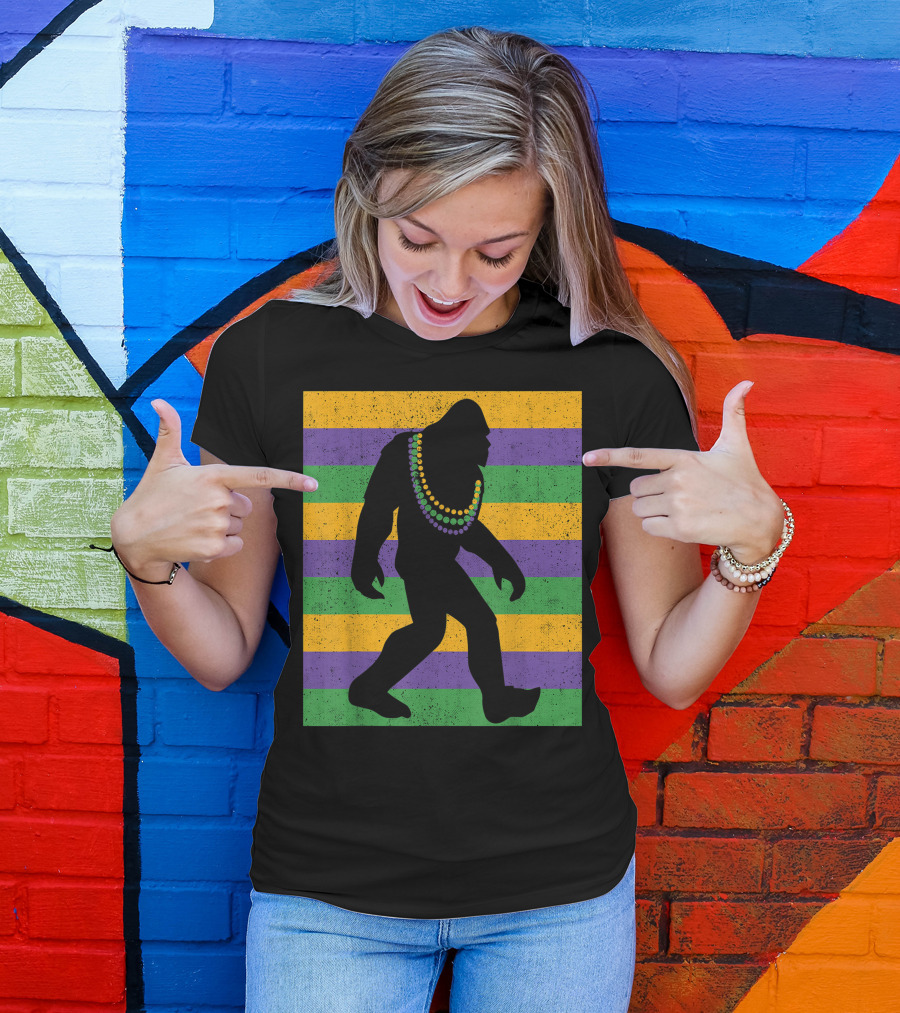 Bigfoot Mardi Gras Sasquatch With Beads And Stripes T-Shirt
