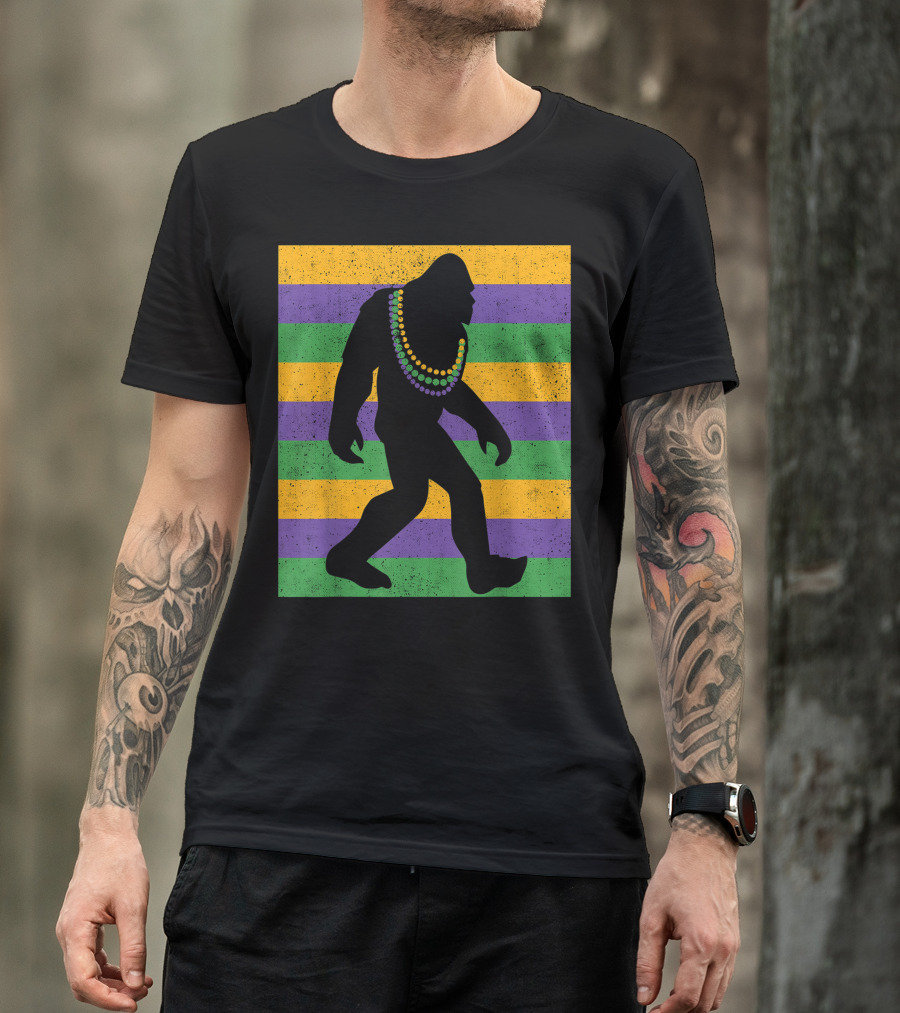 Bigfoot Mardi Gras Sasquatch With Beads And Stripes T-Shirt