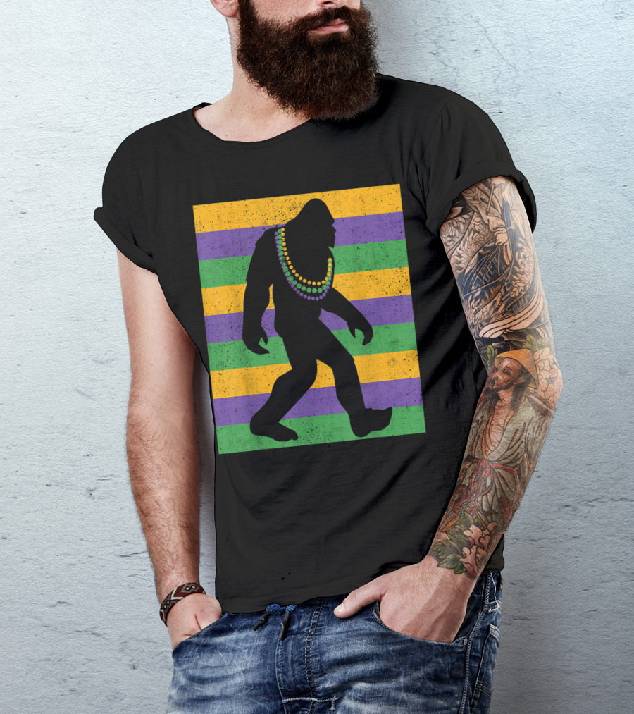 Bigfoot Mardi Gras Sasquatch With Beads And Stripes T-Shirt