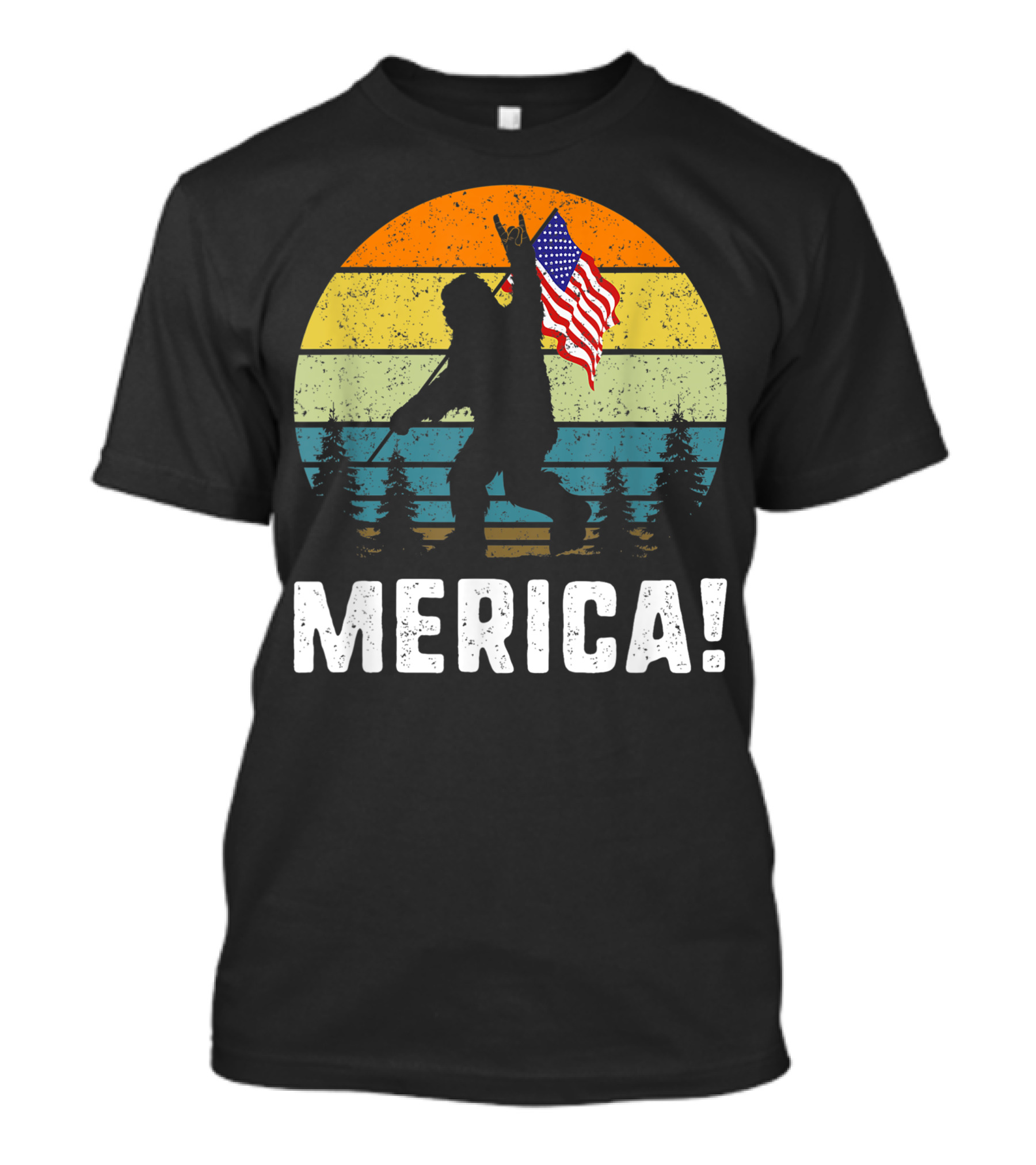 Merica Bigfoot Rock And Roll Usa Flag Forest Sasquatch T-Shirt