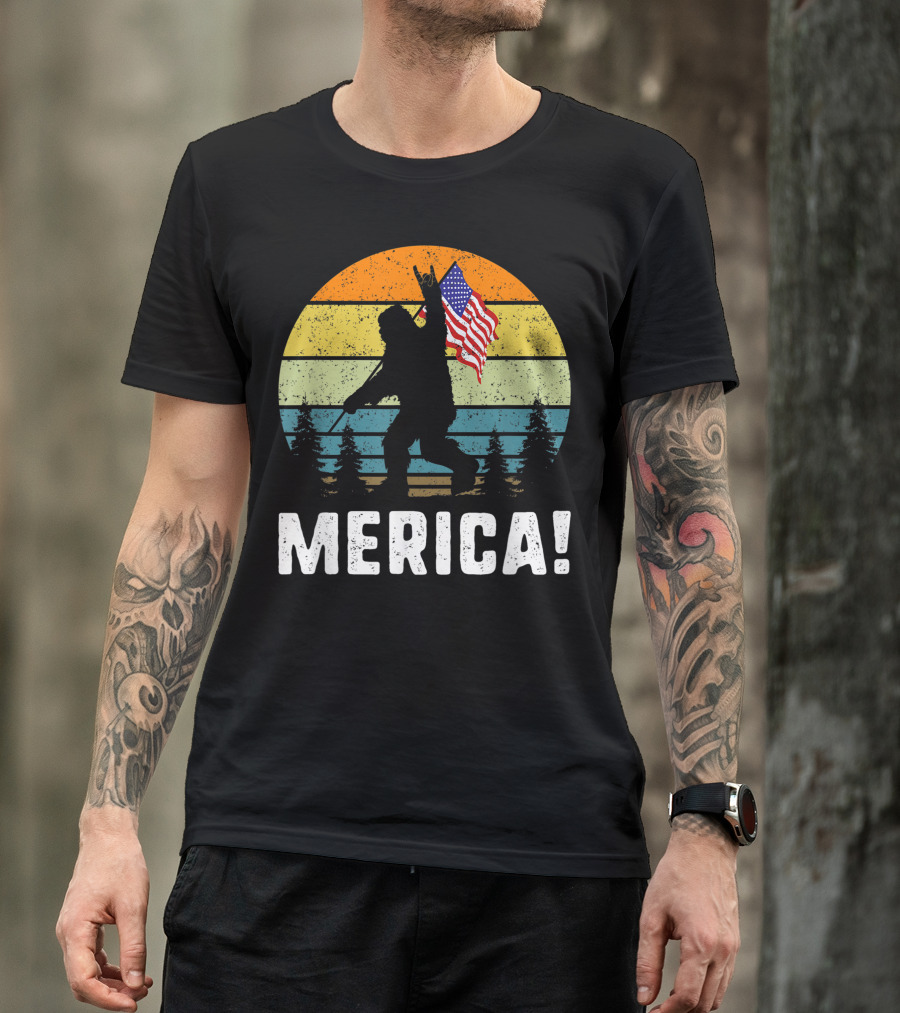 Merica Bigfoot Rock And Roll Usa Flag Forest Sasquatch T-Shirt