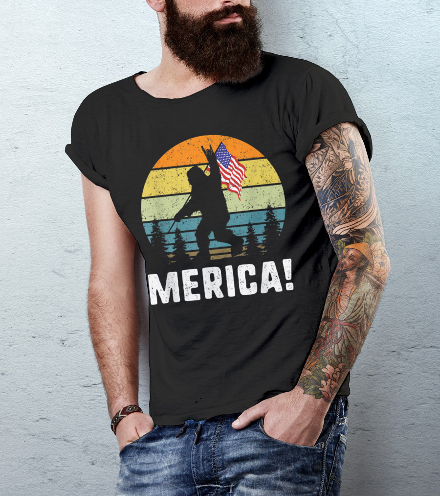 Merica Bigfoot Rock And Roll Usa Flag Forest Sasquatch T-Shirt