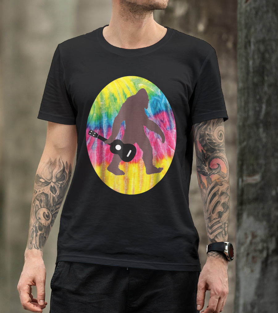 Bigfoot Tie Dyed Hippie Sasquatch Playing Guitar T-Shirt