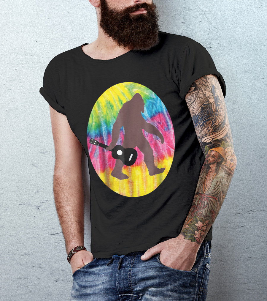 Bigfoot Tie Dyed Hippie Sasquatch Playing Guitar T-Shirt