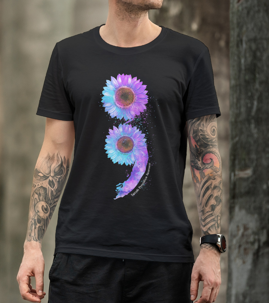 Blue Purple Sunflower Semicolon Suicide Prevention Awareness T-Shirt