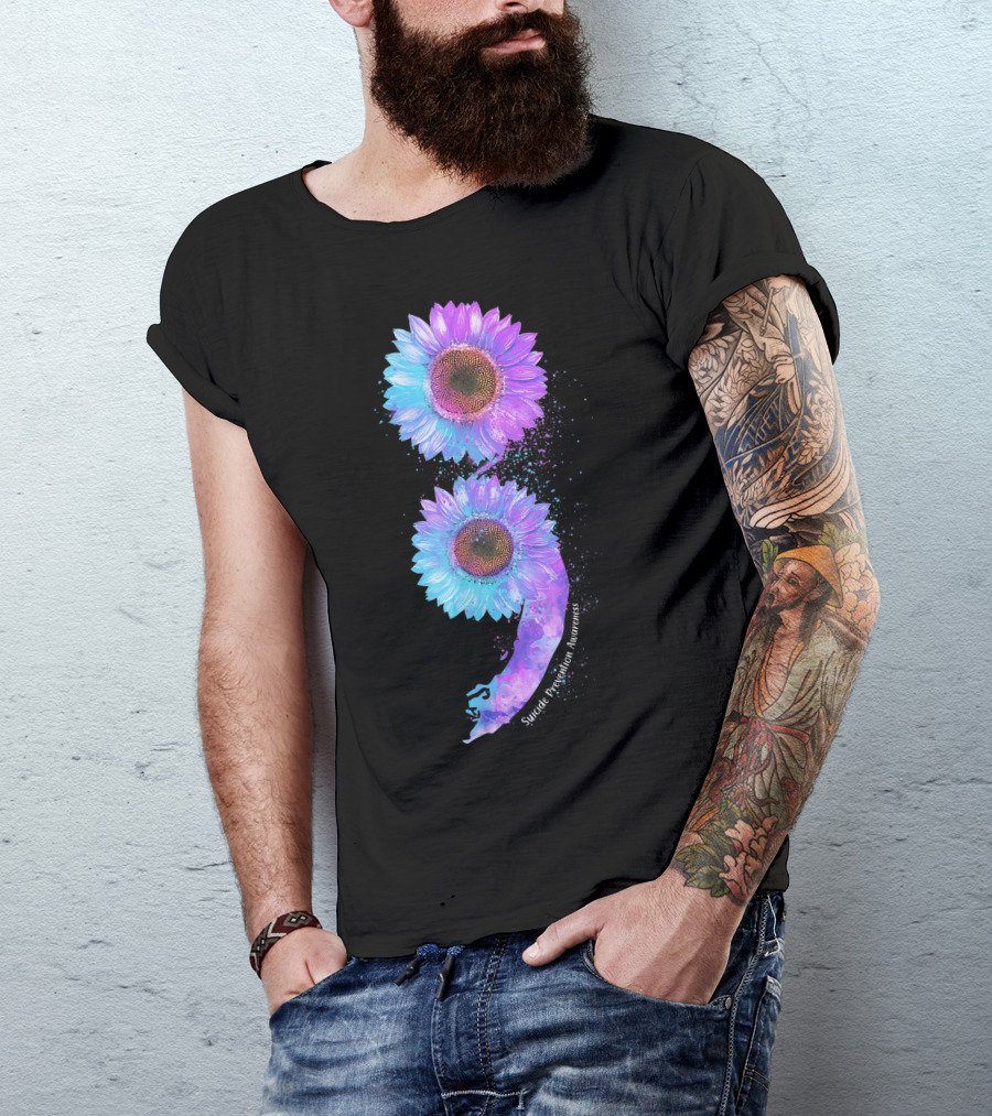 Blue Purple Sunflower Semicolon Suicide Prevention Awareness T-Shirt