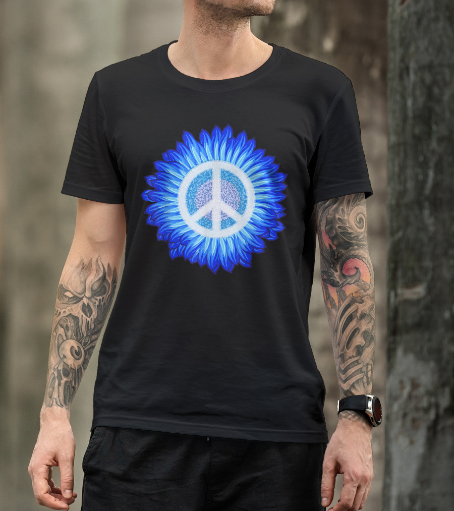 Blue Sunflower Peace Sign 60s 70s Love Retro Vintage Flower Power T-Shirt