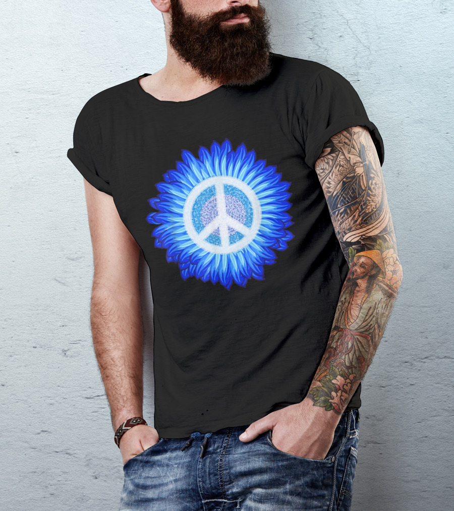 Blue Sunflower Peace Sign 60s 70s Love Retro Vintage Flower Power T-Shirt