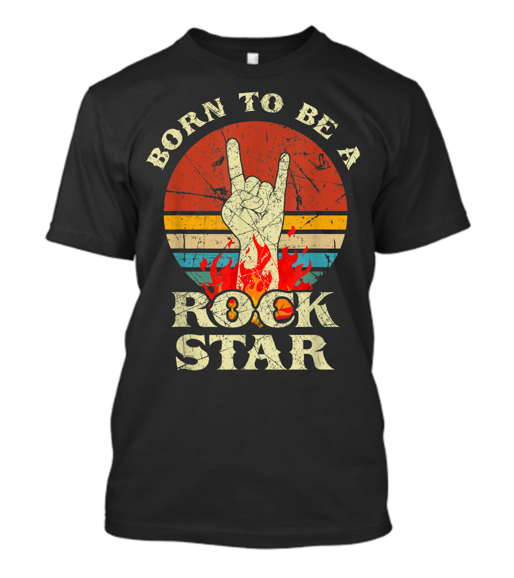 Born To Be A Rock Star Hand Horns Retro Sunset Fire Elements T-Shirt