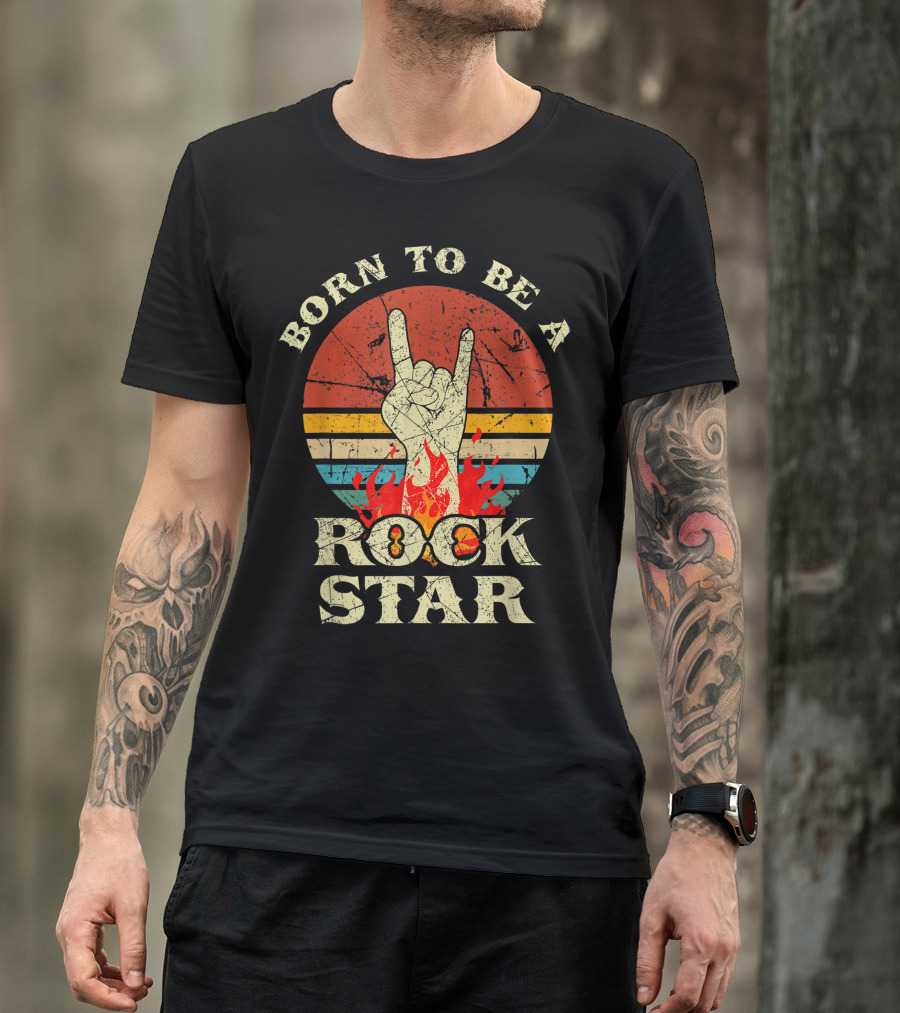 Born To Be A Rock Star Hand Horns Retro Sunset Fire Elements T-Shirt