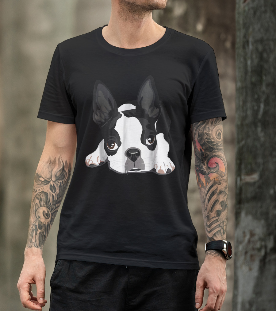 Boston Terrier Dog Peeking Puppy Face T-Shirt