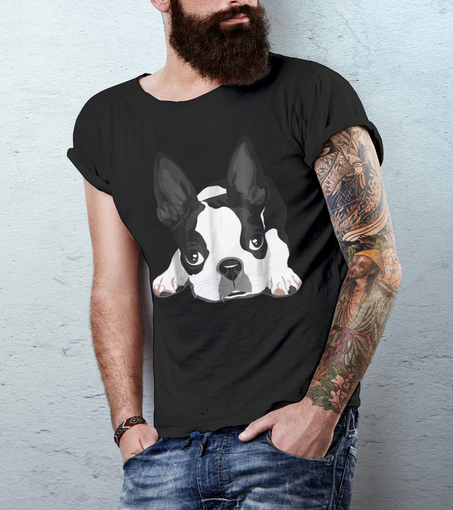 Boston Terrier Dog Peeking Puppy Face T-Shirt