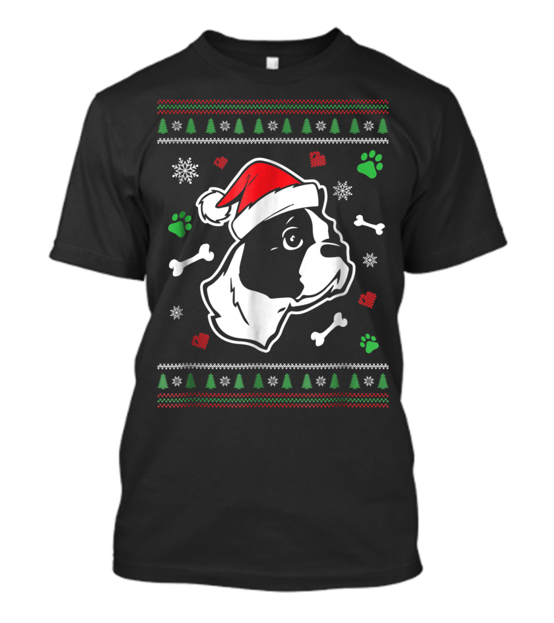 Boston Terrier Santa Claus Christmas Dog Ugly Sweater Design Snowflakes Bones Paw Prints T-Shirt
