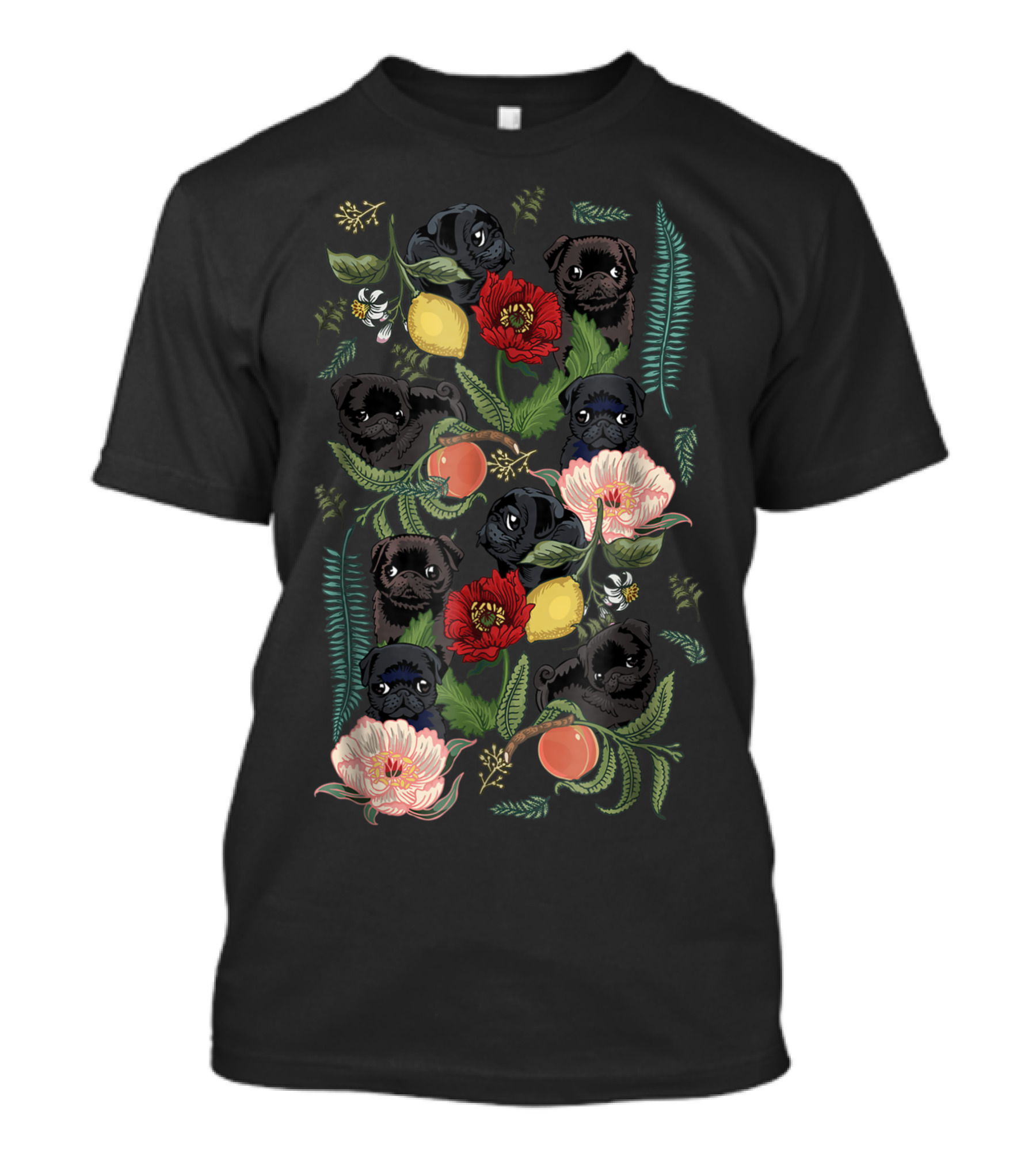 Botanical Pattern With Black Pugs And Floral Elements By Huebucket T-Shirt