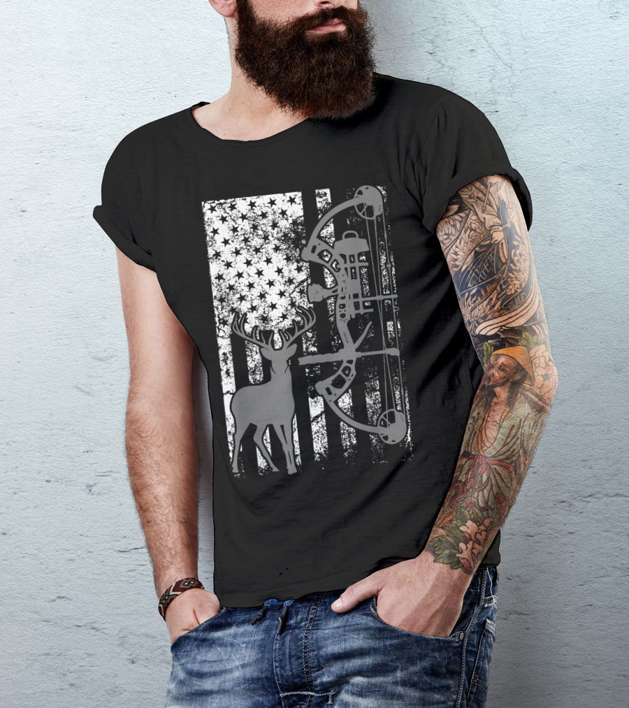 Bow Hunting Deer American Flag Archer Hunt T-Shirt