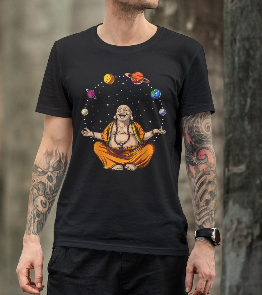 Buddha Zen Meditation Juggling Space Planets Spiritual Yoga T-Shirt