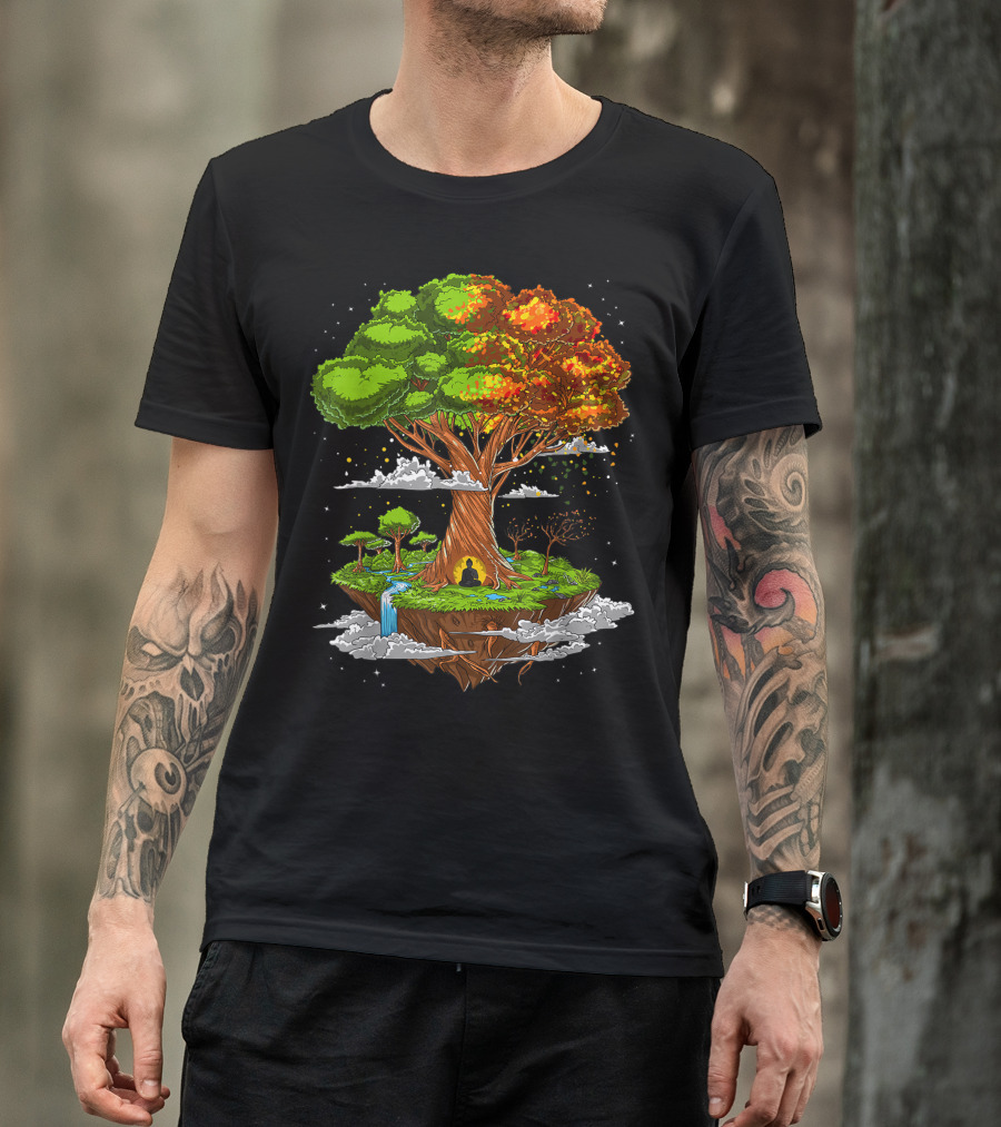 Buddha Meditation Under Tree Of Life Zen Yoga Spiritual Buddhist Floating Island T-Shirt