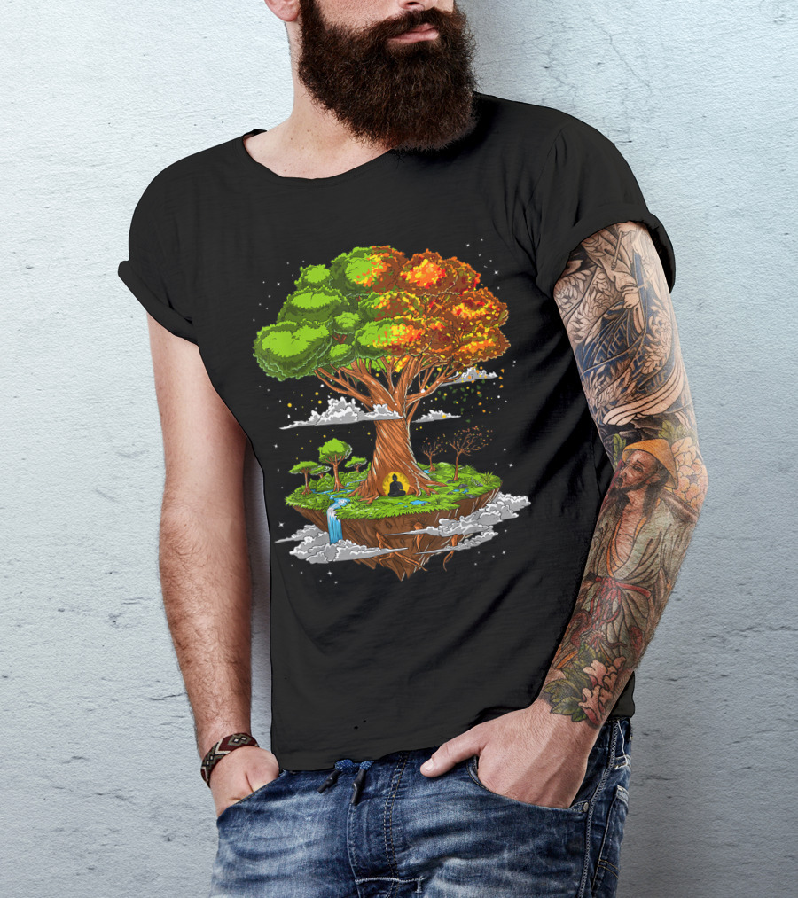 Buddha Meditation Under Tree Of Life Zen Yoga Spiritual Buddhist Floating Island T-Shirt