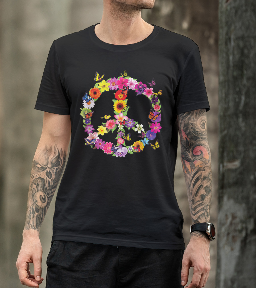 Butterfly Peace Sign With Floral Flower Garden Nature N5 T-Shirt