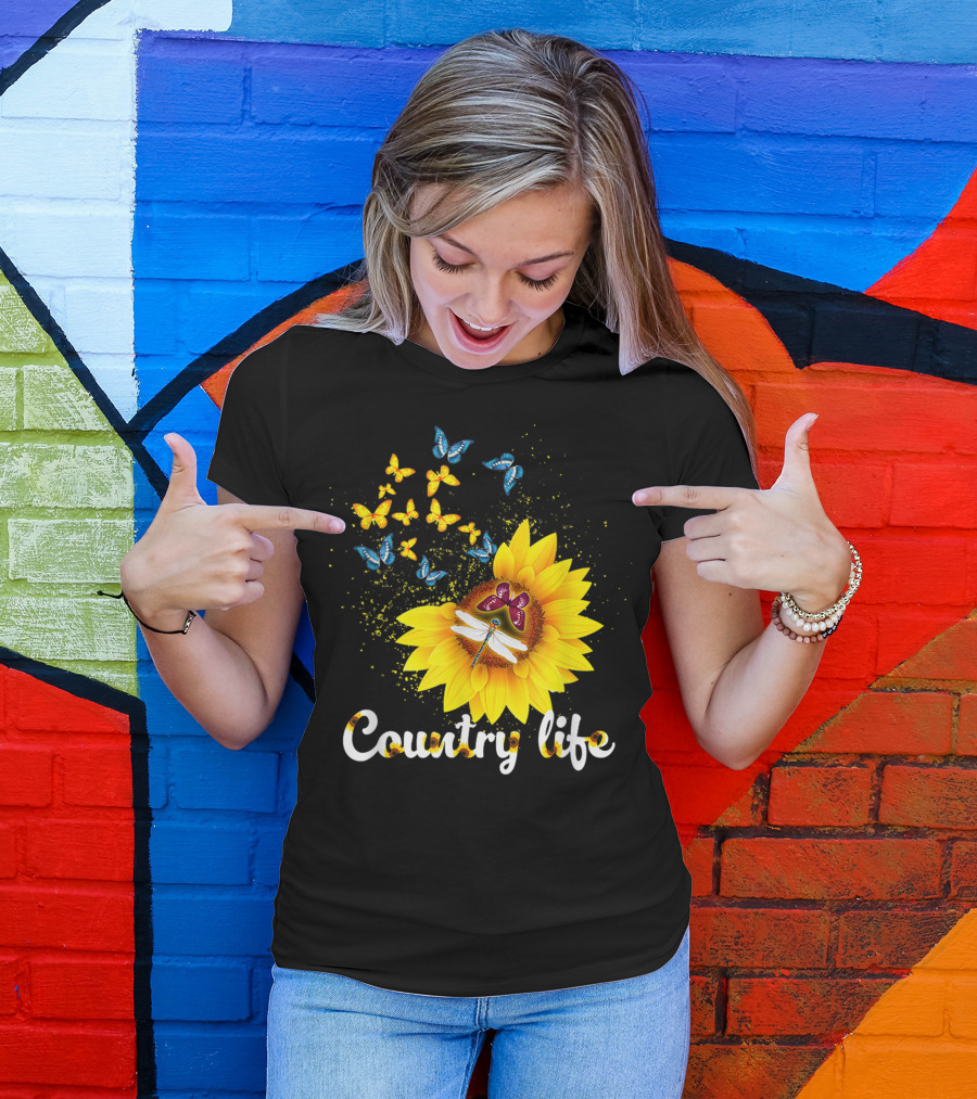 Butterfly Dragonfly Sunflower Country Life T-Shirt