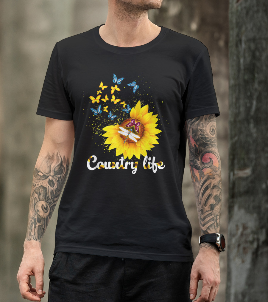 Butterfly Dragonfly Sunflower Country Life T-Shirt
