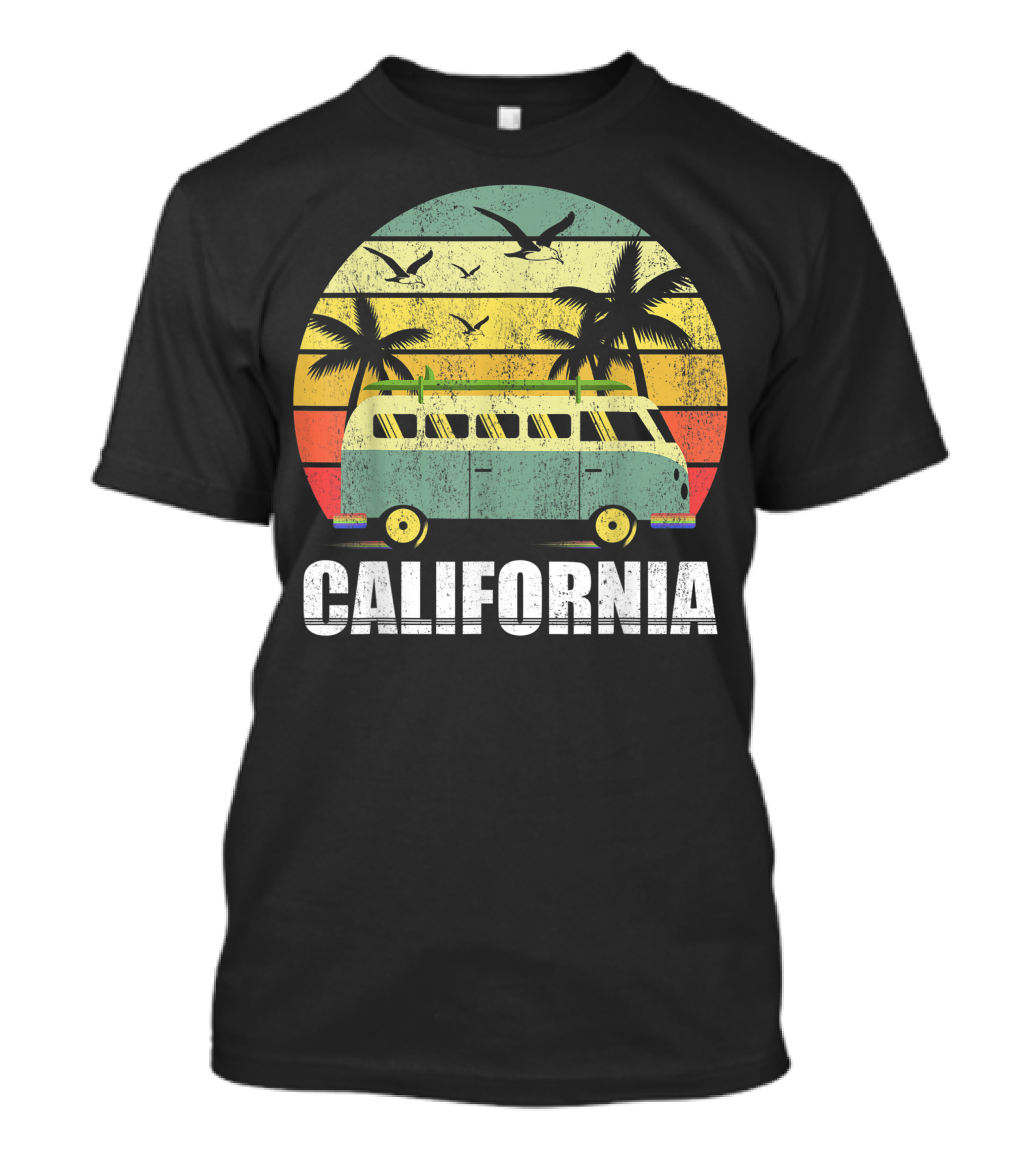 California Vintage Van Surfing With Palm Trees And Sunset T-Shirt