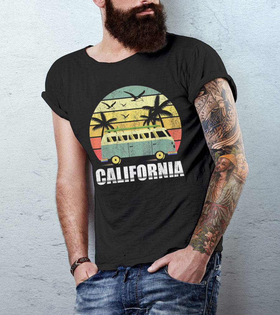 California Vintage Van Surfing With Palm Trees And Sunset T-Shirt