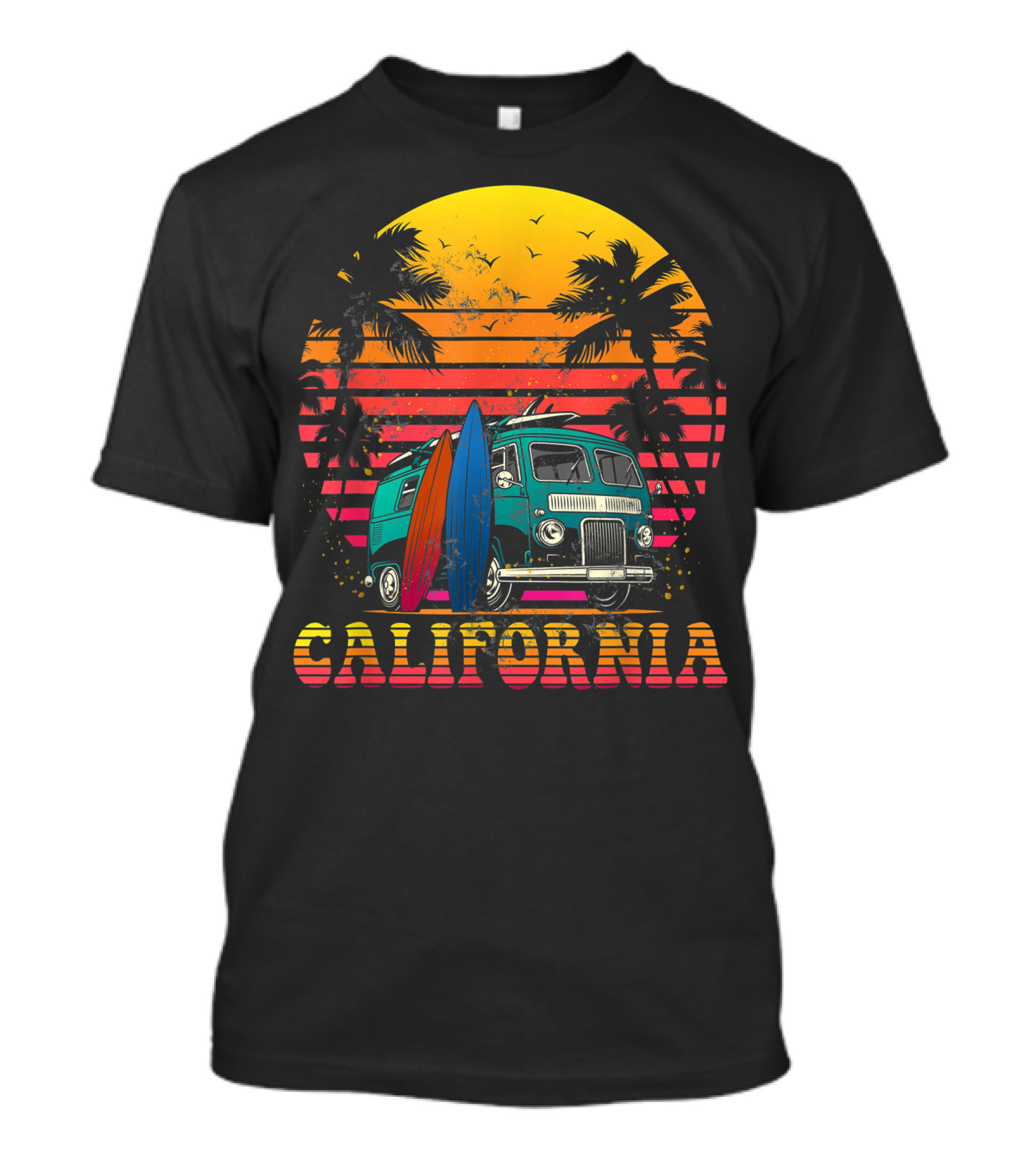 California Sunset Surfing Vintage Van Palm Trees And Surfboards T-Shirt