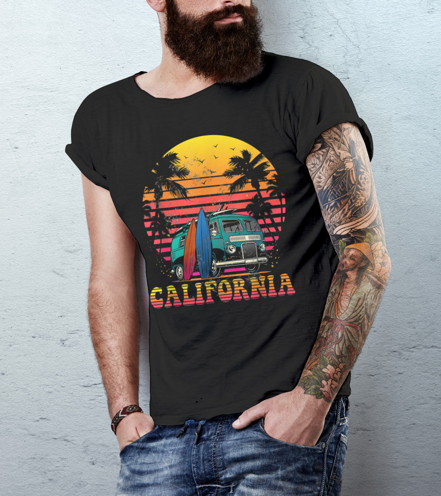 California Sunset Surfing Vintage Van Palm Trees And Surfboards T-Shirt