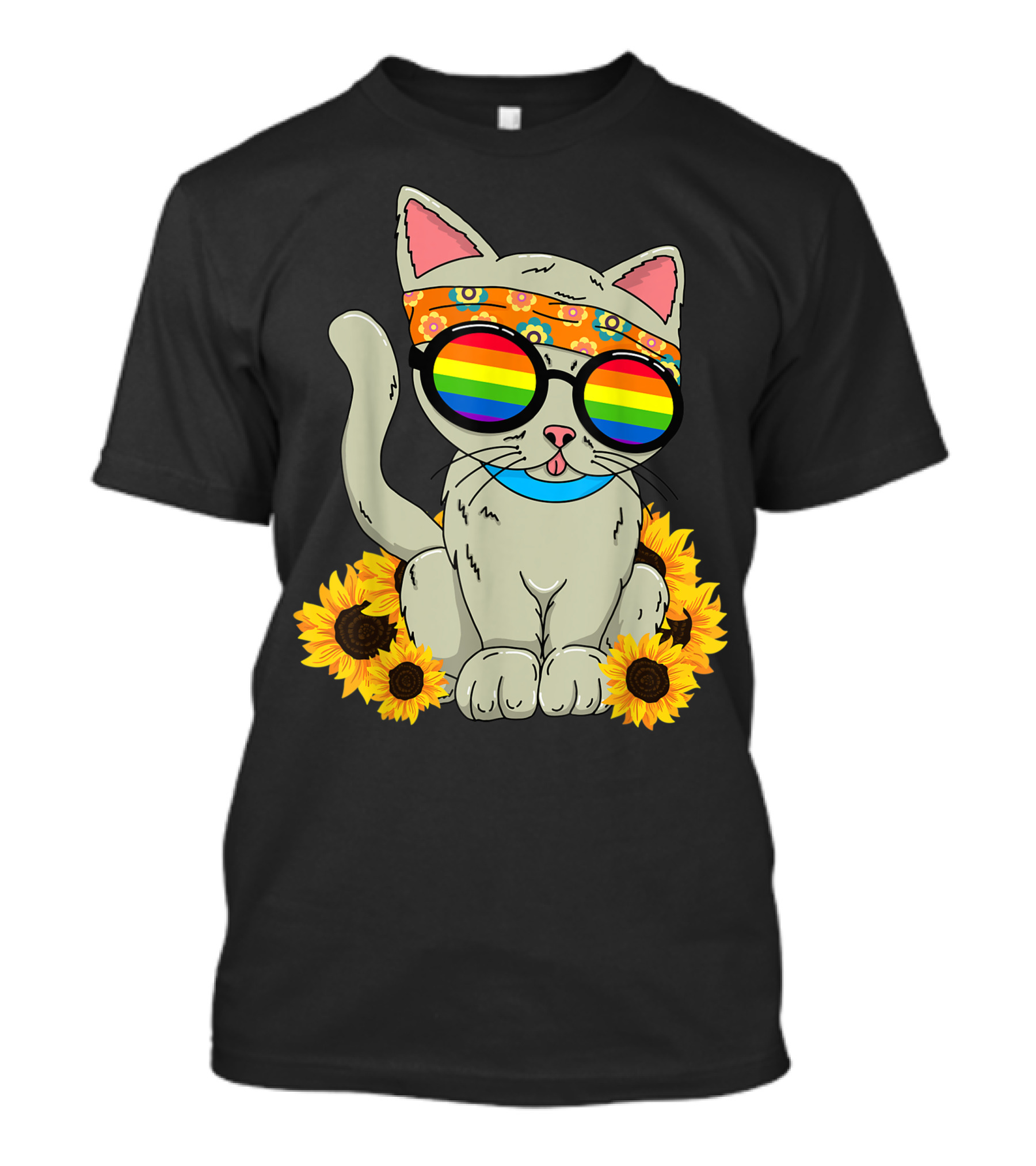 Cat Wearing Rainbow Glasses And Flower Headband Surrounded By Sunflowers T-Shirt