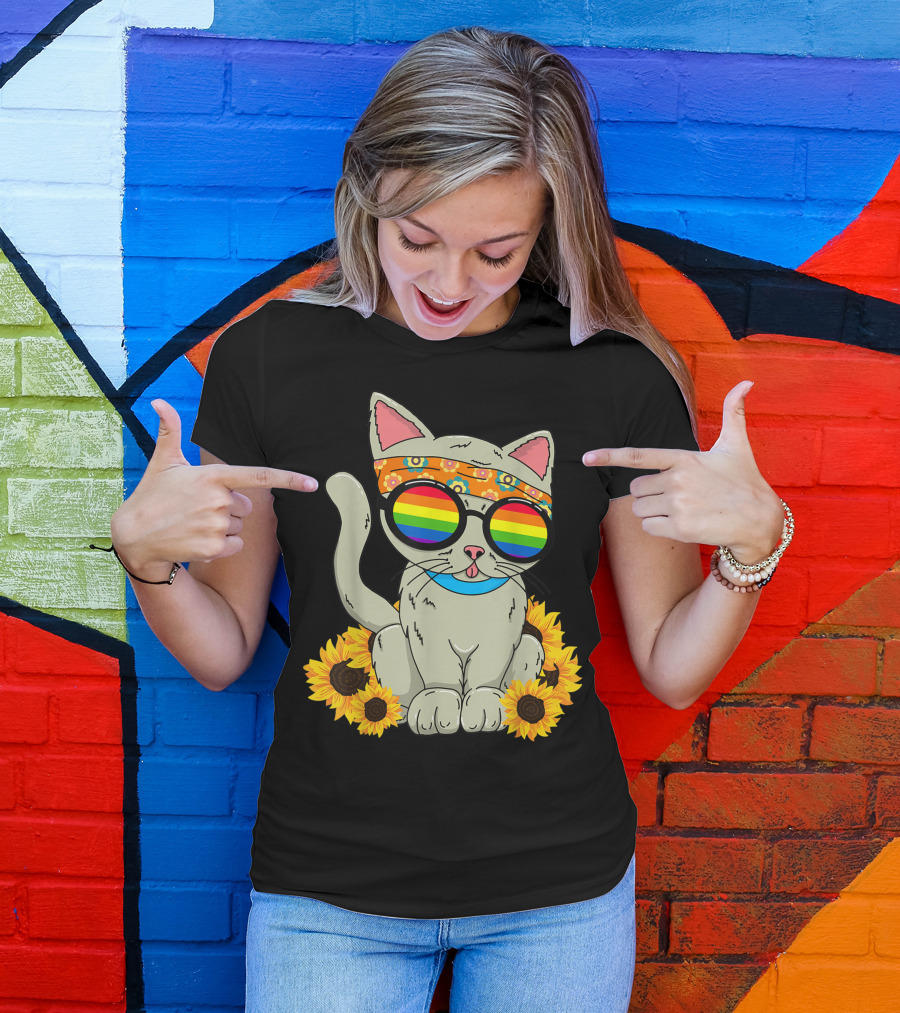 Cat Wearing Rainbow Glasses And Flower Headband Surrounded By Sunflowers T-Shirt