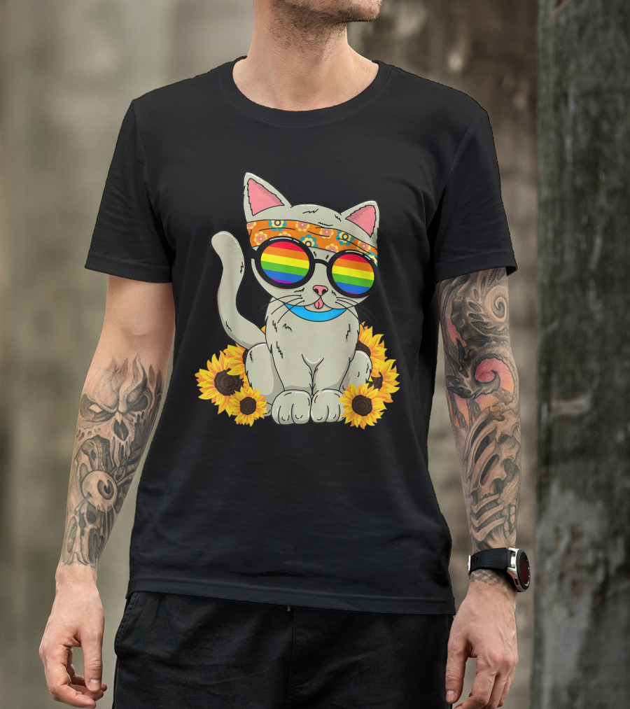 Cat Wearing Rainbow Glasses And Flower Headband Surrounded By Sunflowers T-Shirt