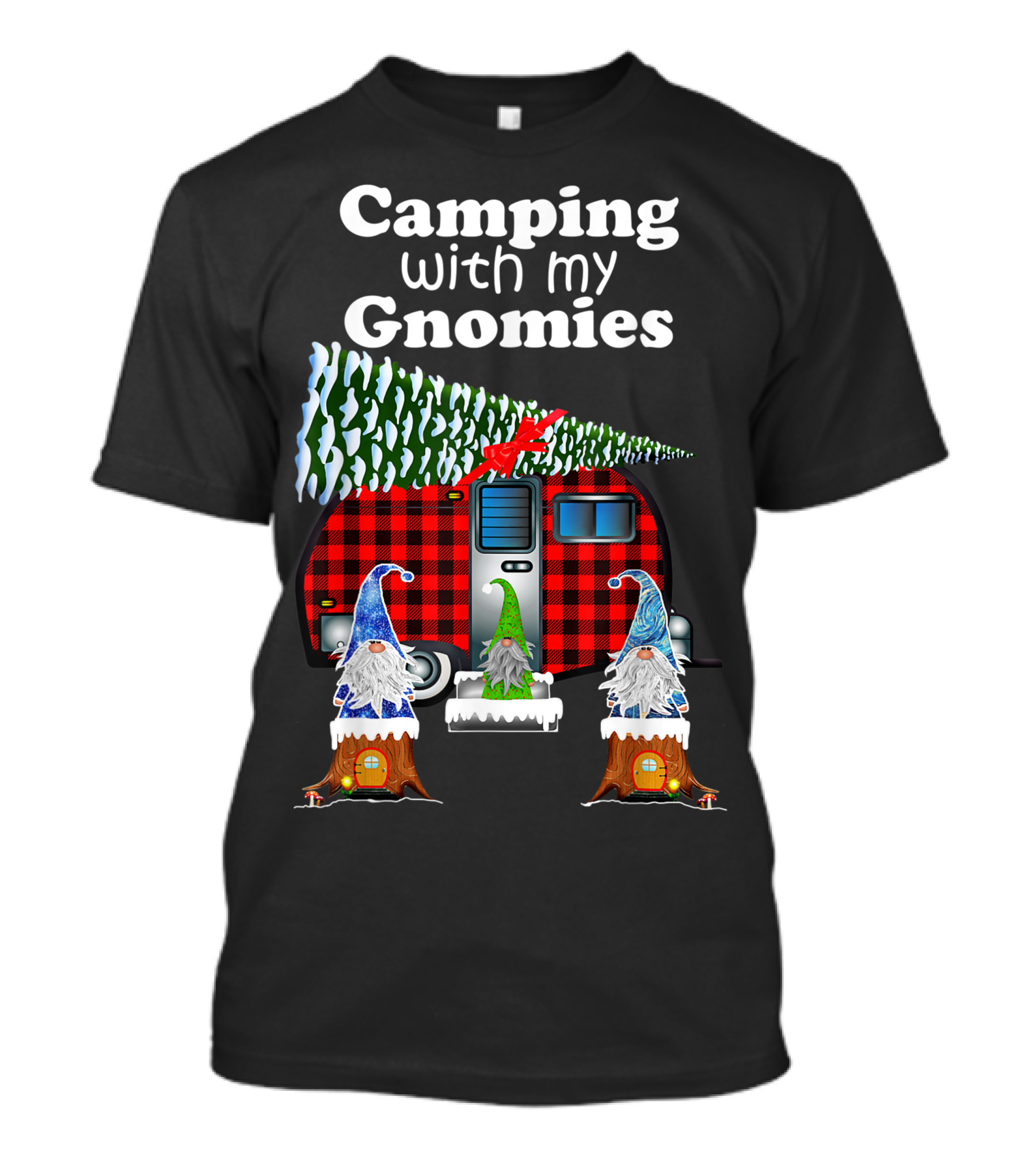 Camping With My Gnomies Christmas Lovers Plaid Camper Gnome Scene T-Shirt