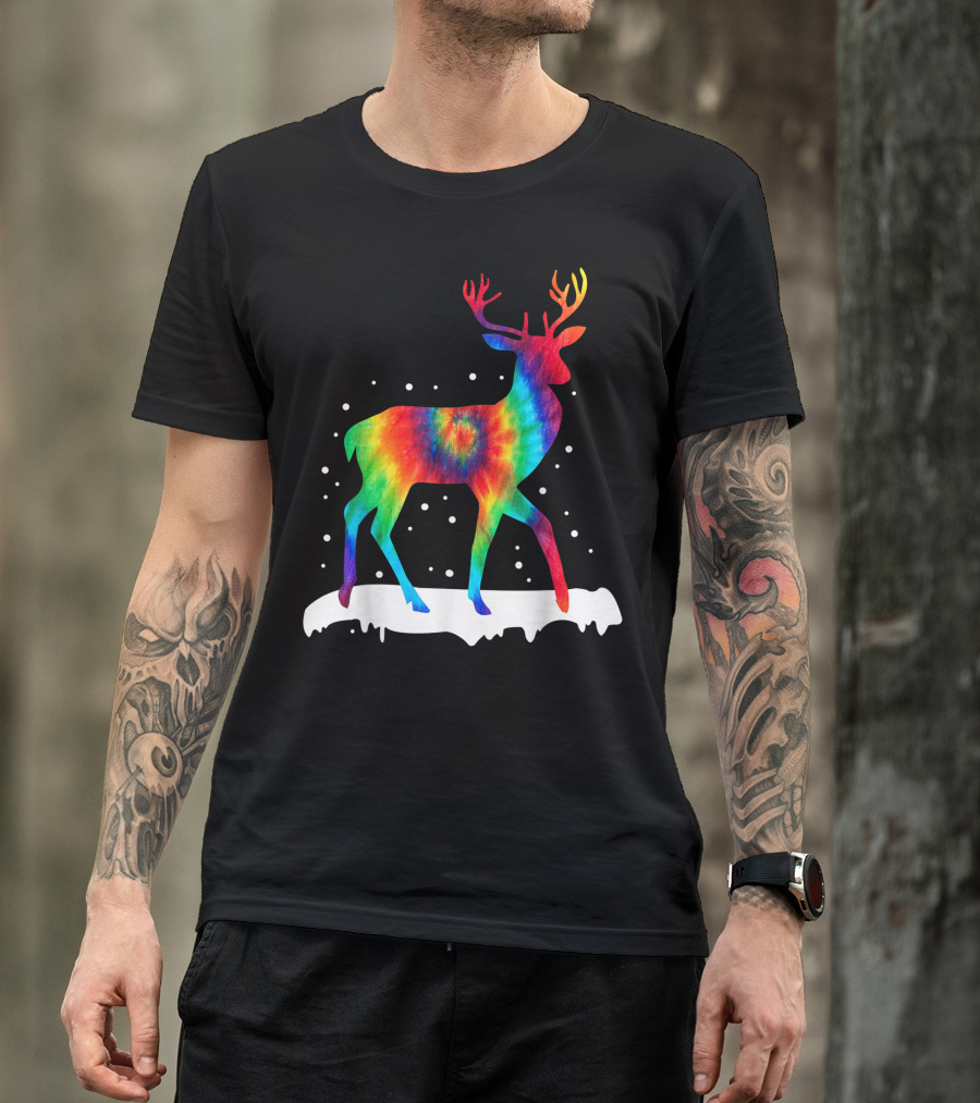 Christmas Rainbow Tie Dye Reindeer With Snowflakes T-Shirt