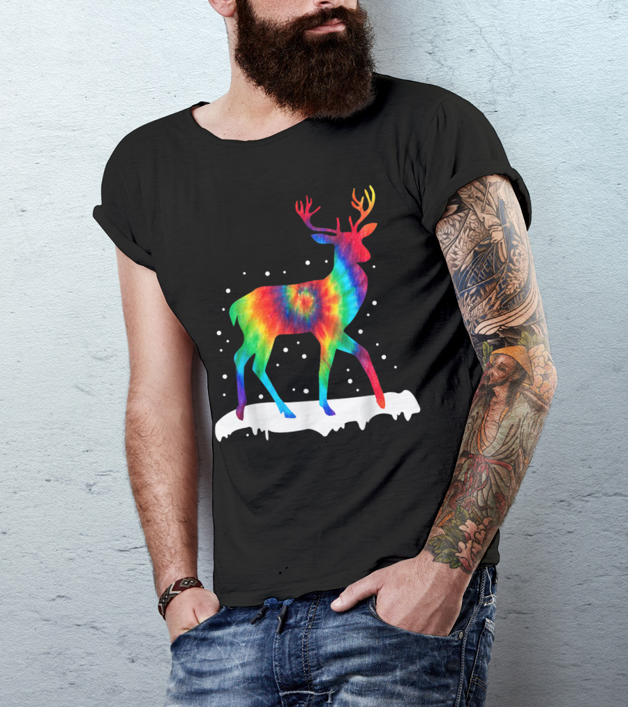 Christmas Rainbow Tie Dye Reindeer With Snowflakes T-Shirt