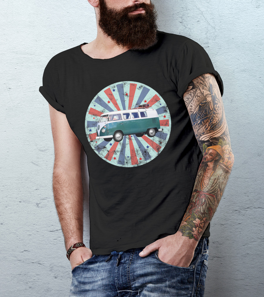 Classic Vintage Hippie Bus Van Starburst Retro Circle T-Shirt