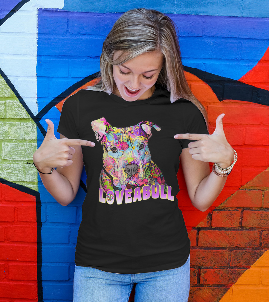 Colorful Loveabull Pitbull Art With Floral And Star T-Shirt