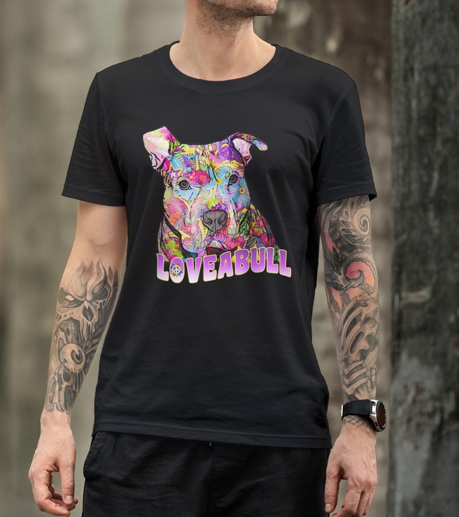 Colorful Loveabull Pitbull Art With Floral And Star T-Shirt