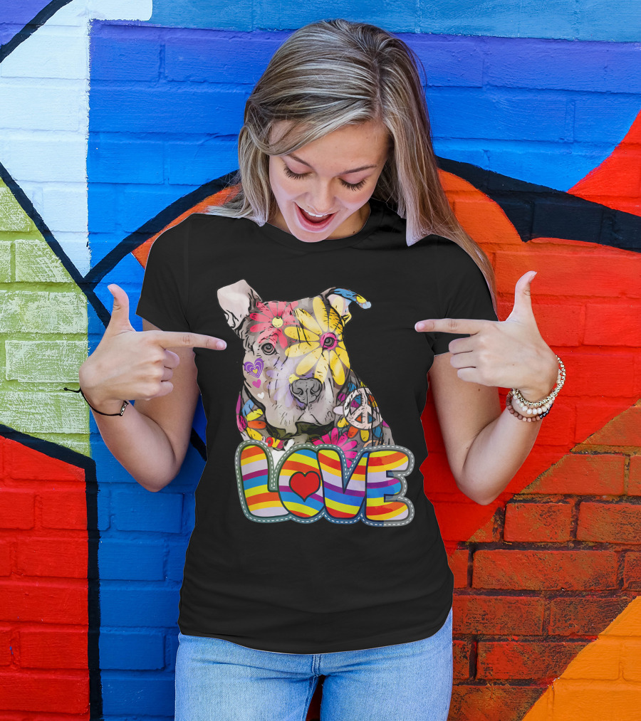 Colorful Peace Love Pitbulls Lover With Vibrant Heart And Peace T-Shirt